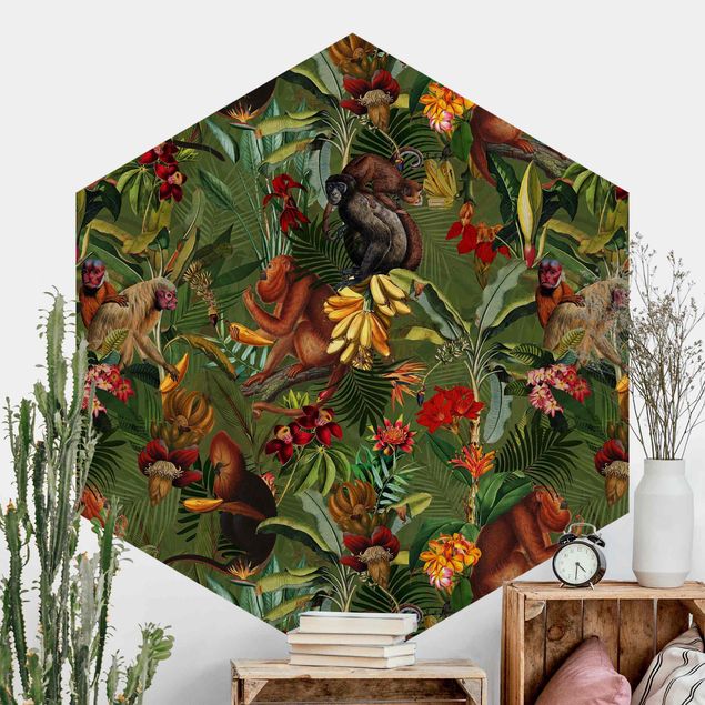 Hexagonal wallpapers Tropical Flowers With Monkeys