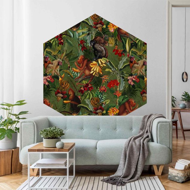 Self-adhesive hexagonal pattern wallpaper - Tropical Flowers With Monkeys