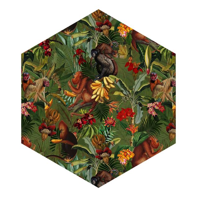 Self-adhesive hexagonal pattern wallpaper - Tropical Flowers With Monkeys