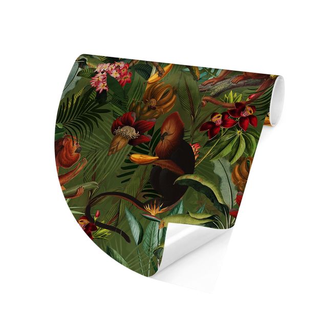 Self-adhesive round wallpaper - Tropical Flowers With Monkeys