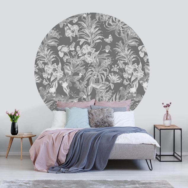 Self-adhesive round wallpaper - Tropical Flowers In Front Of Grey