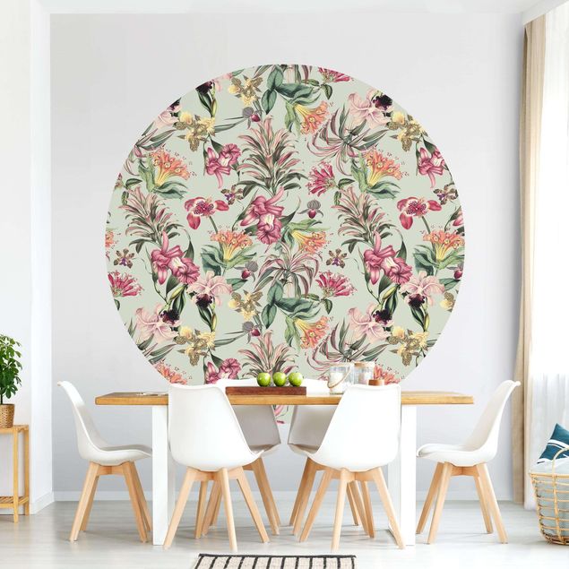 Self-adhesive round wallpaper - Tropical Flowers In Front Of Mint
