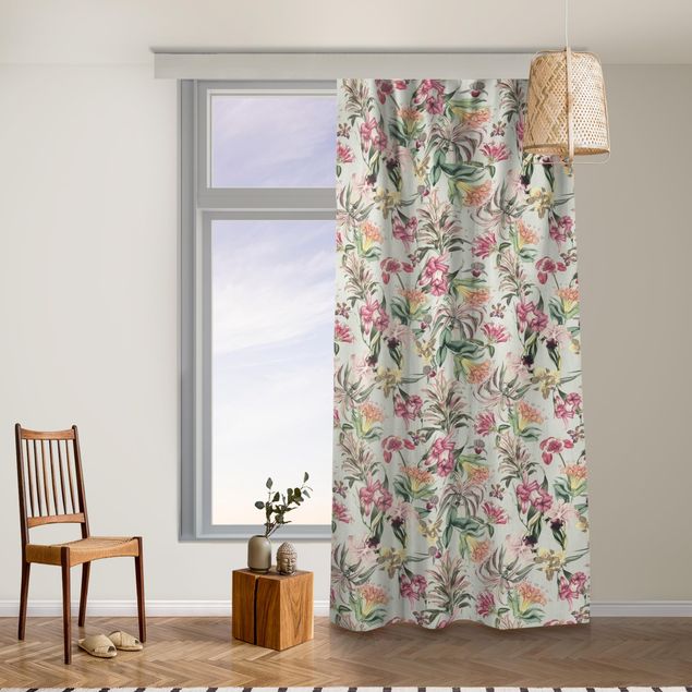 contemporary curtains Tropical Flowers In Front Of Mint