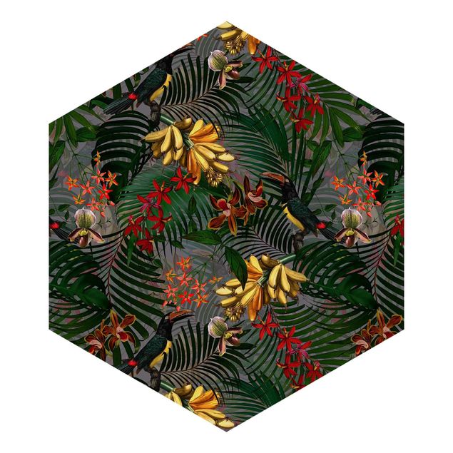 Self-adhesive hexagonal pattern wallpaper - Tropical Ferns With Tucan Green