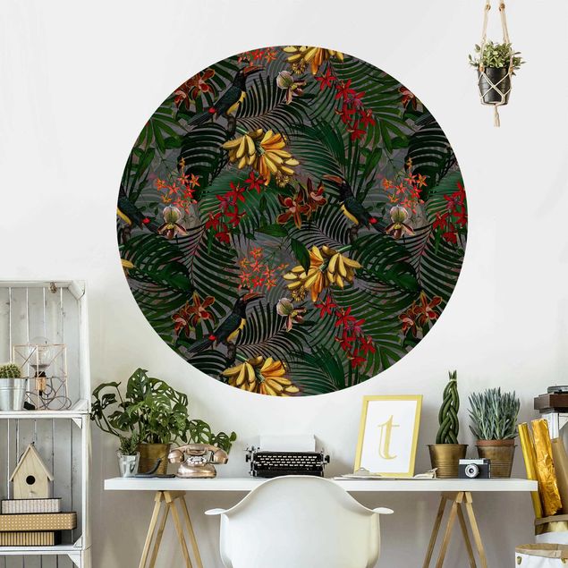 Self-adhesive round wallpaper - Tropical Ferns With Tucan Green