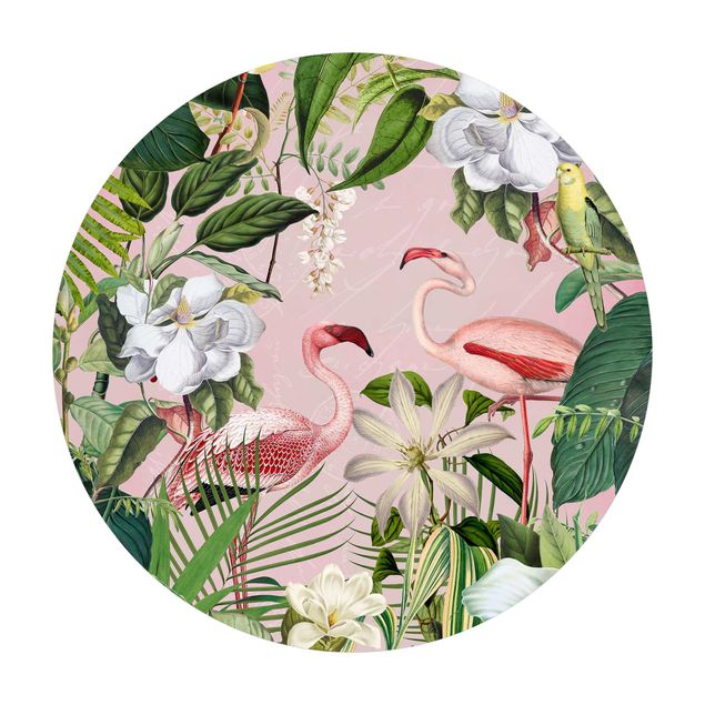 Vinyl Floor Mat round - Tropical Flamingos With Plants In Pink