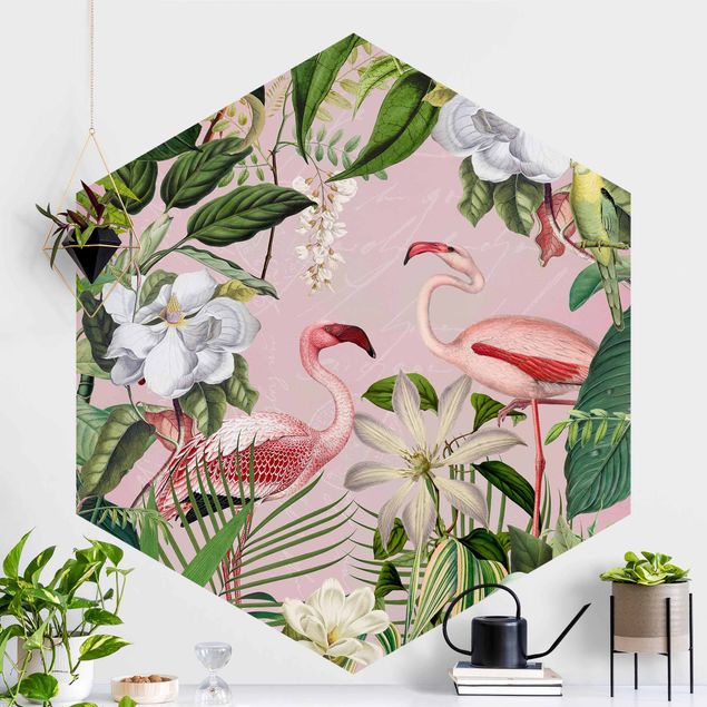 Hexagonal wallpapers Tropical Flamingos With Plants In Pink