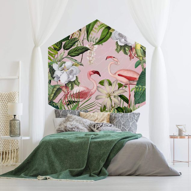 Self-adhesive hexagonal pattern wallpaper - Tropical Flamingos With Plants In Pink