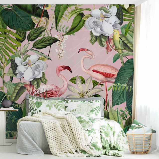 Wallpaper - Tropical Flamingos With Plants In Pink