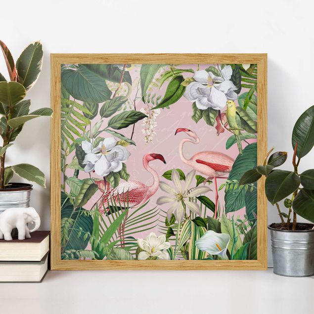 Framed poster - Tropical Flamingos With Plants In Pink