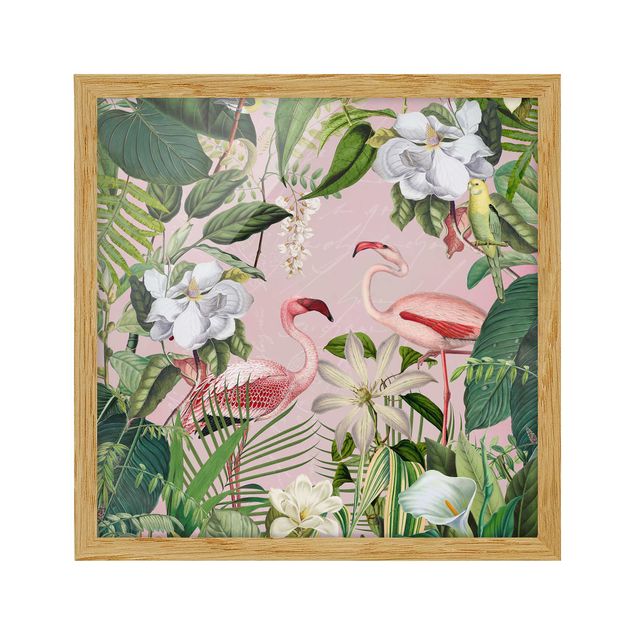 Framed poster - Tropical Flamingos With Plants In Pink