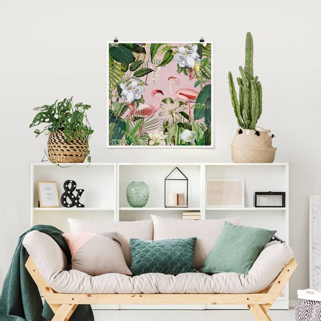 Poster - Tropical Flamingos With Plants In Pink