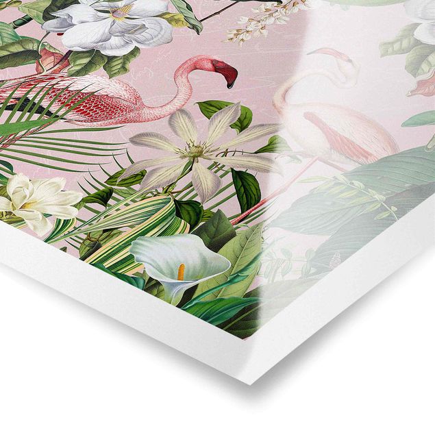 Poster - Tropical Flamingos With Plants In Pink
