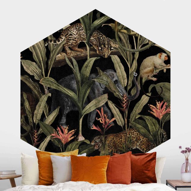 Self-adhesive hexagonal wall mural Tropical Night With Leopard