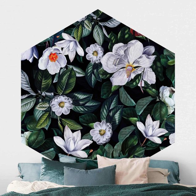 Hexagonal wall mural Tropical Night With White Flowers