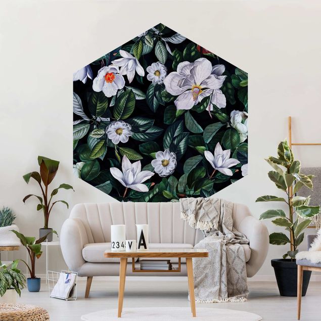 Self-adhesive hexagonal pattern wallpaper - Tropical Night With White Flowers