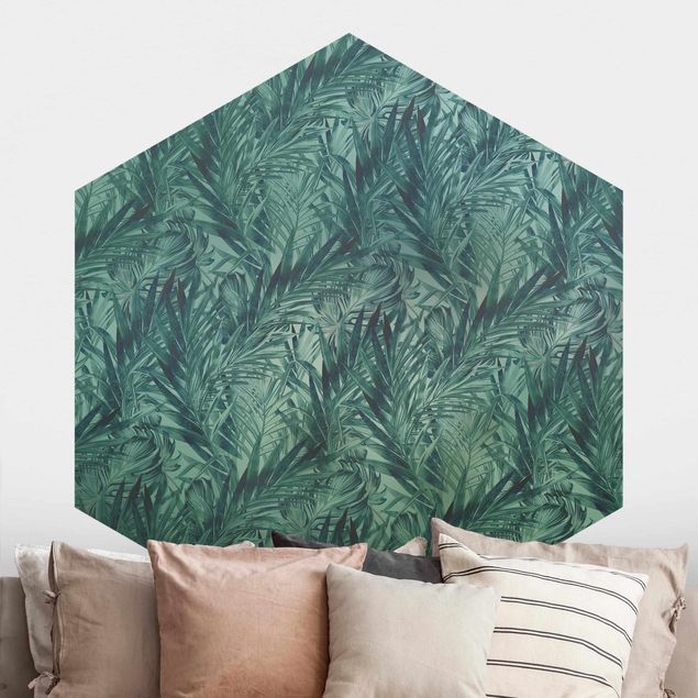 Hexagonal wall mural Tropical Palm Leaves With Gradient Turquoise