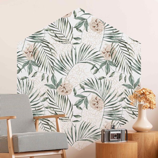 Wallpapers Tropical Palm Bows With Roses Watercolour