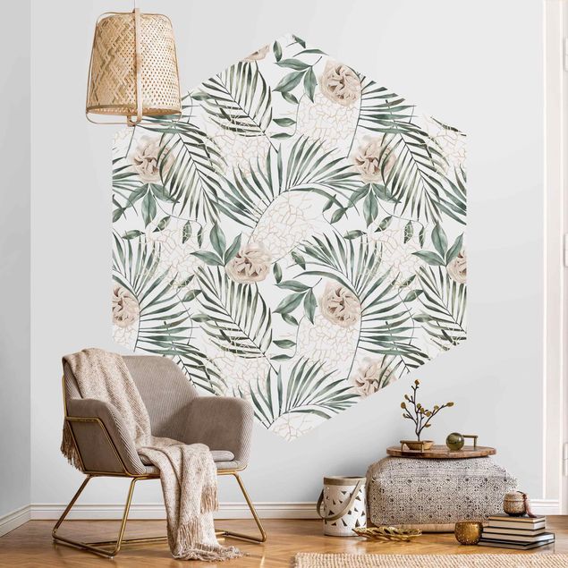 Self-adhesive hexagonal pattern wallpaper - Tropical Palm Bows With Roses Watercolour