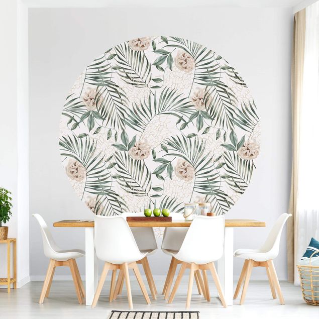 Self-adhesive round wallpaper - Tropical Palm Bows With Roses Watercolour