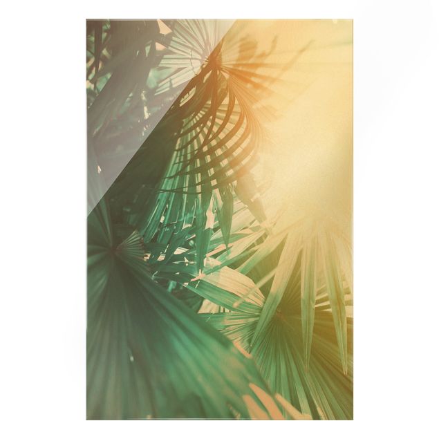 Glass print - Tropical Plants Palm Trees At Sunset  - Portrait format