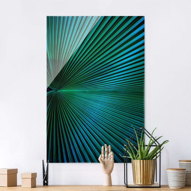 Glass print - Tropical Plants Palm Leaf In Turquoise ll - Portrait format