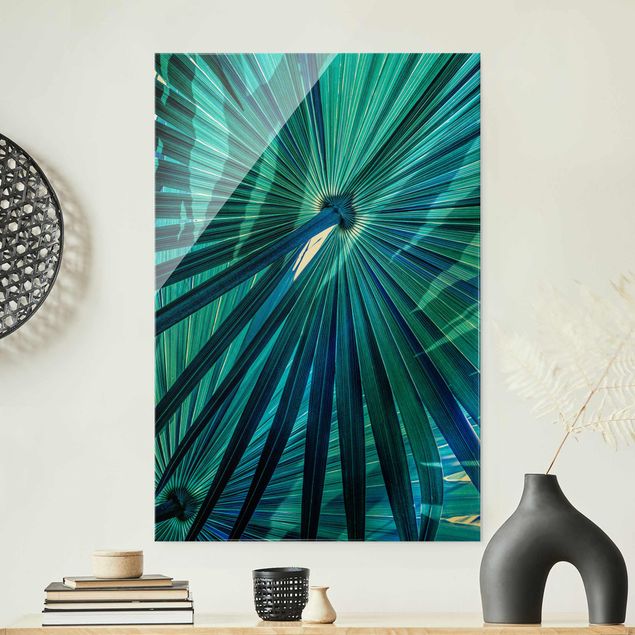 Glass print - Tropical Plants Palm Leaf In Turquoise - Portrait format