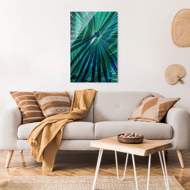 Glass print - Tropical Plants Palm Leaf In Turquoise - Portrait format