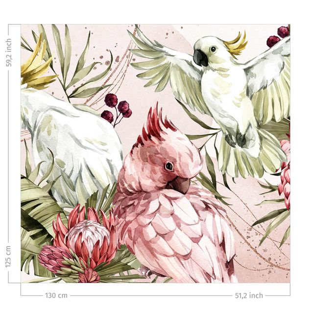 flower curtains Tropical Birds - Cockatoo Pink And White