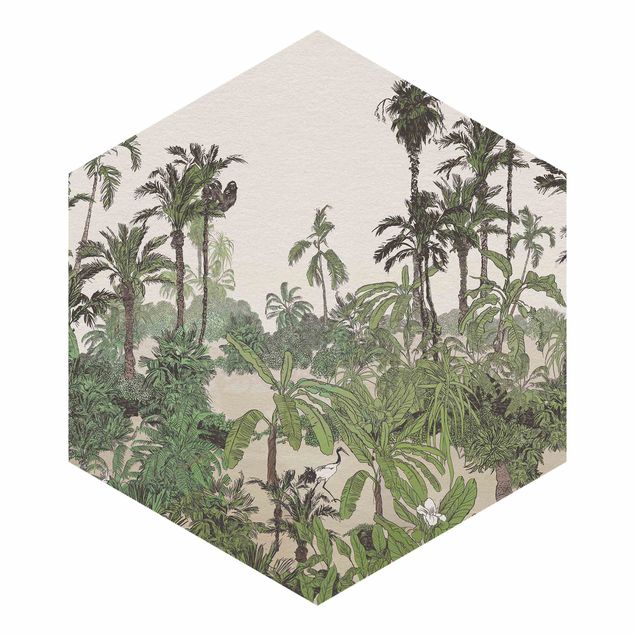 Self-adhesive hexagonal pattern wallpaper - Tropical Drawing - Jungel In Watercolour