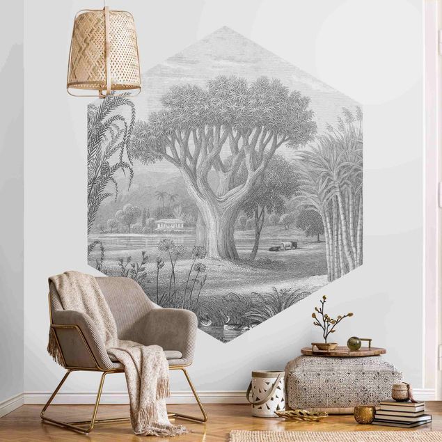 Self-adhesive hexagonal wall mural - Tropical Copperplate Engraving Garden With Pond In Grey