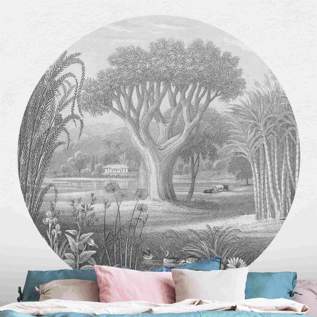 Self-adhesive round wallpaper - Tropical Copperplate Engraving Garden With Pond In Grey