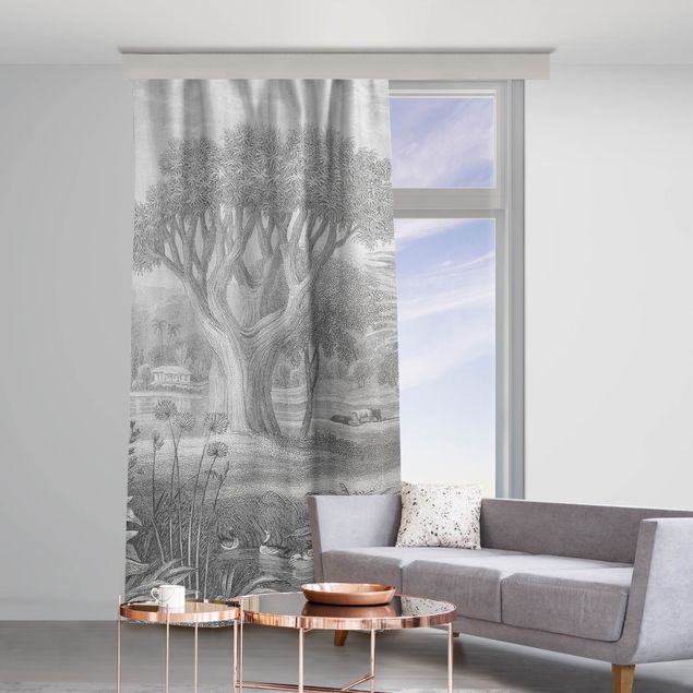 bespoke curtains Tropical Copperplate Engraving Garden With Pond In Grey