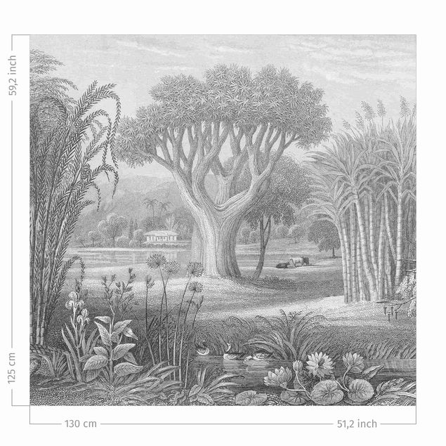 flower curtains Tropical Copperplate Engraving Garden With Pond In Grey
