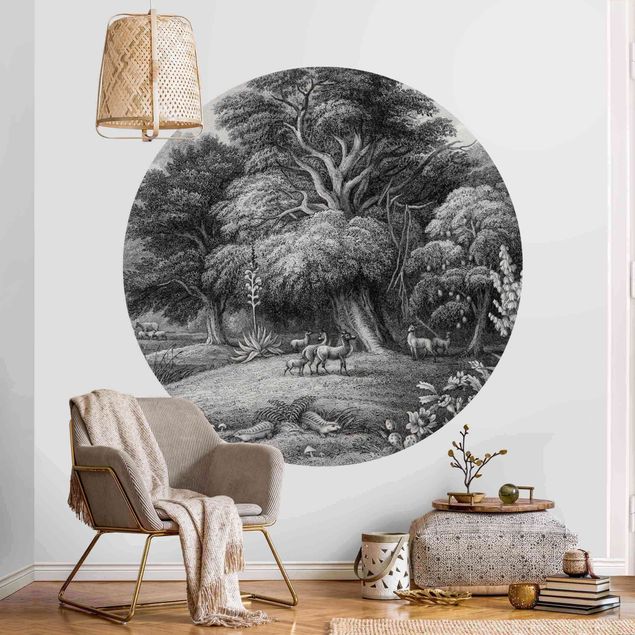 Self-adhesive round wallpaper - Tropical Copperplate Engraving In Warm Grey