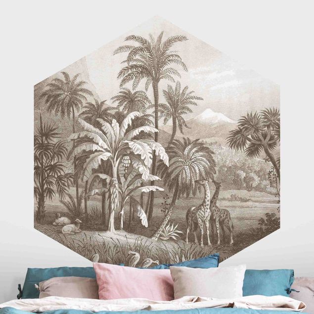 Self-adhesive hexagonal wall mural - Tropical Copperplate Engraving With Giraffes In Brown