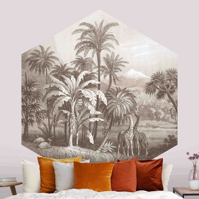 Wallpapers Tropical Copperplate Engraving With Giraffes In Brown