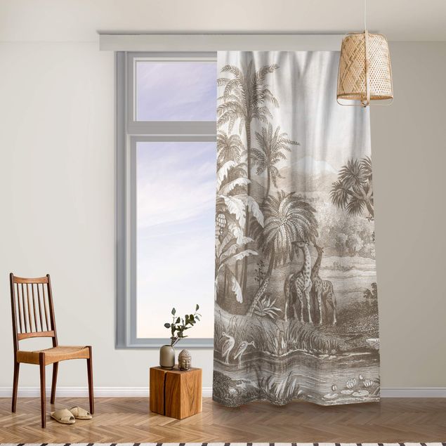 custom curtain Tropical Copperplate Engraving With Giraffes In Brown