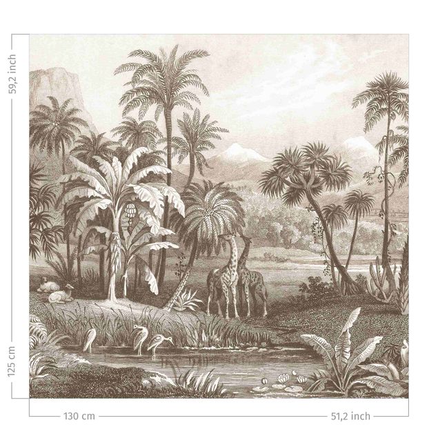 floral drapes Tropical Copperplate Engraving With Giraffes In Brown