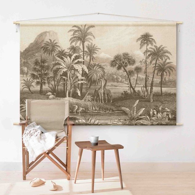 modern tapestry wall hanging Tropical Copperplate Engraving With Giraffes In Brown