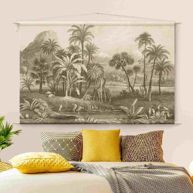 nature wall hanging Tropical Copperplate Engraving With Giraffes In Brown