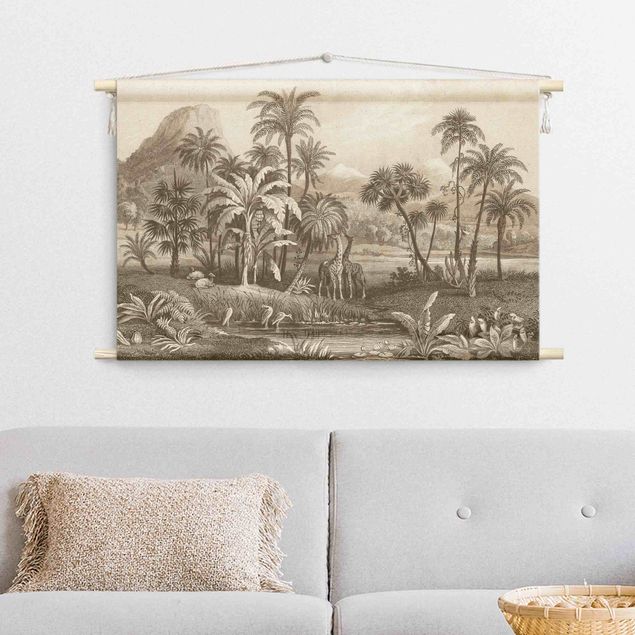 vintage wall tapestry Tropical Copperplate Engraving With Giraffes In Brown