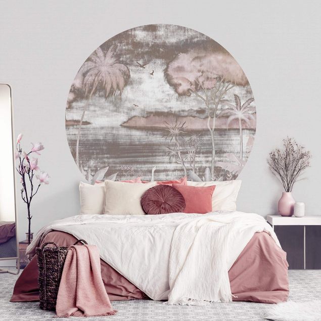 Self-adhesive round wallpaper - Tropical Lake in pink