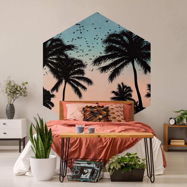 Self-adhesive hexagonal pattern wallpaper - Tropical Sunrise In Blue Pink
