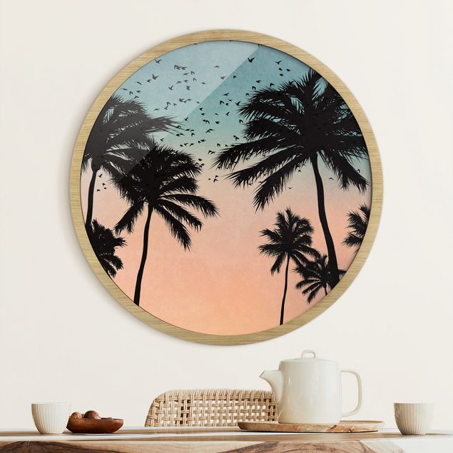 Framed prints round Tropical Sunrise In Blue Pink