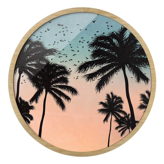 Circular framed print - Tropical Sunrise In Blue Pink