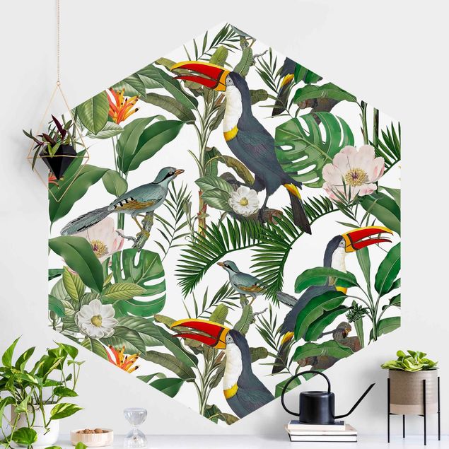 Hexagonal wallpapers Tropical Toucan With Monstera And Palm Leaves