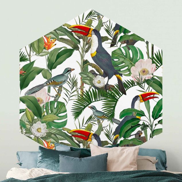 Wallpapers Tropical Toucan With Monstera And Palm Leaves