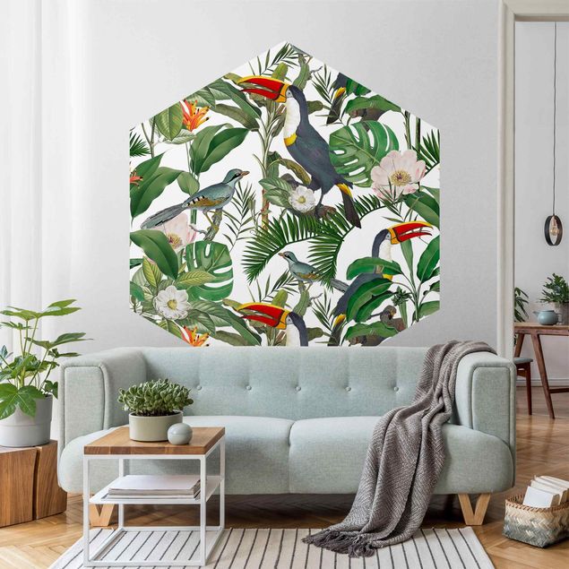 Self-adhesive hexagonal pattern wallpaper - Tropical Toucan With Monstera And Palm Leaves