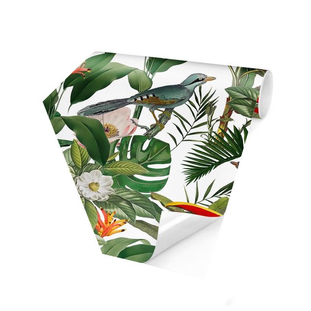 Self-adhesive hexagonal pattern wallpaper - Tropical Toucan With Monstera And Palm Leaves